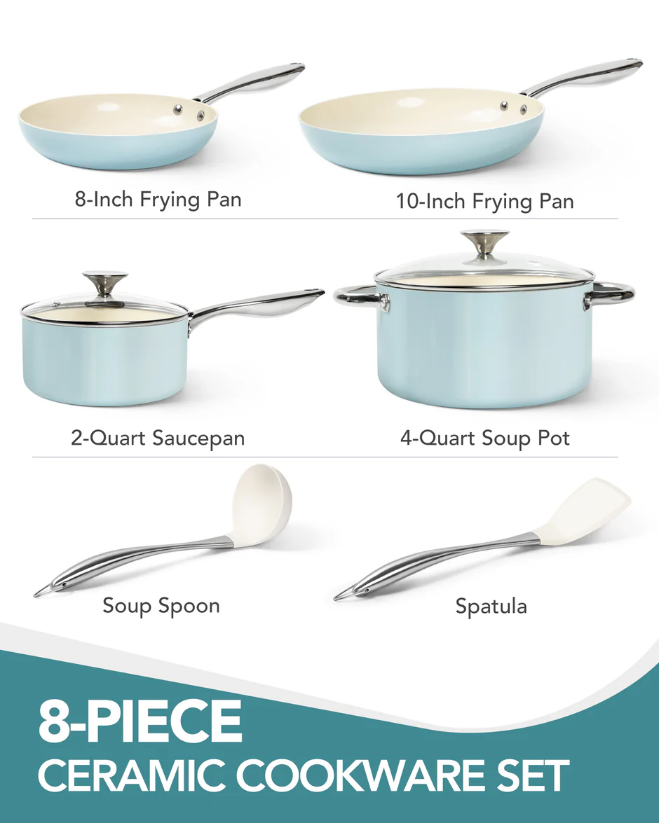 Bộ nồi chảo Michelangelo tay cầm tháo rời 8 món – Màu xanh dương - Ảnh 2