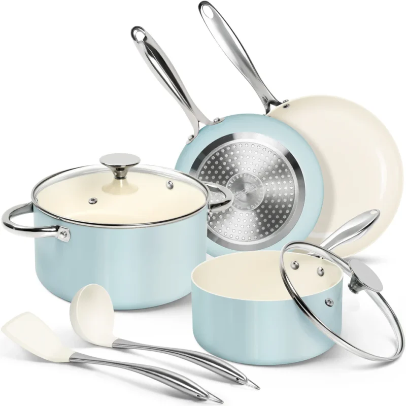 Bộ nồi chảo Michelangelo tay cầm tháo rời 8 món – Màu xanh dương