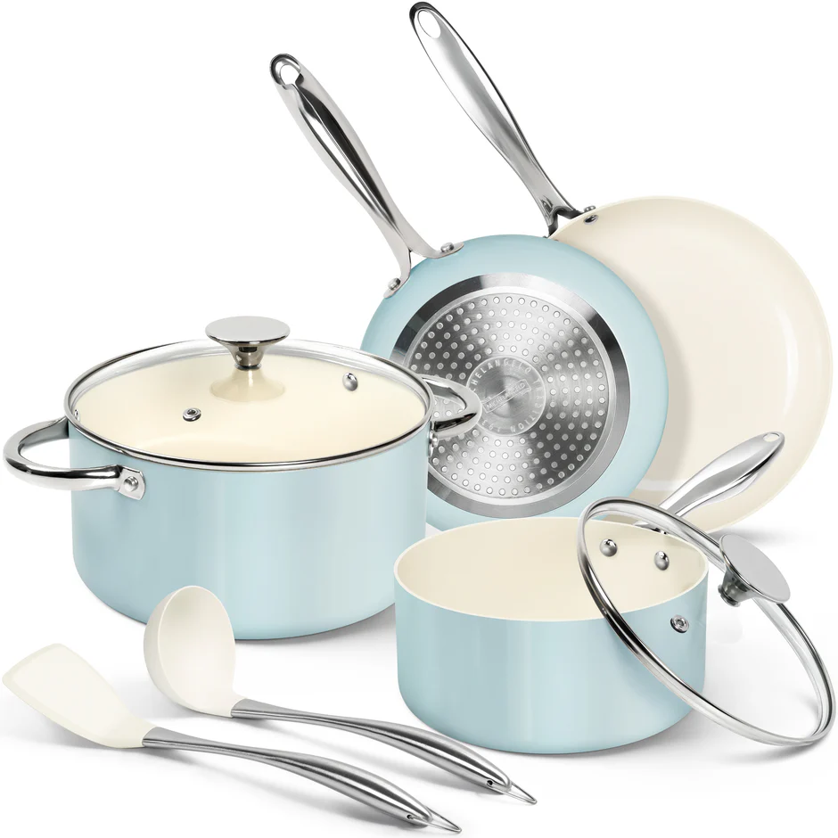 Bộ nồi chảo Michelangelo tay cầm tháo rời 8 món – Màu xanh dương